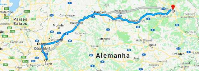 Mapa da viagem de trem de Colônia até Berlim