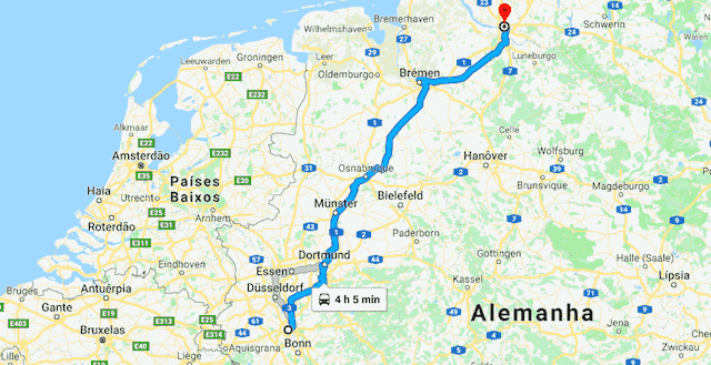 Mapa da viagem de trem de Colônia a Hamburgo