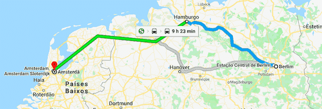 Mapa da viagem de trem de Berlim a Amsterdã