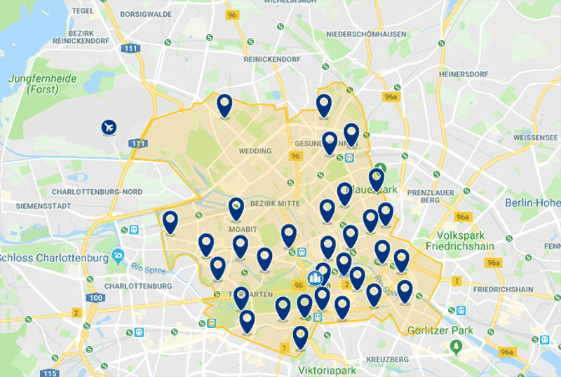Mapa da zona dos melhores hotéis em Berlim